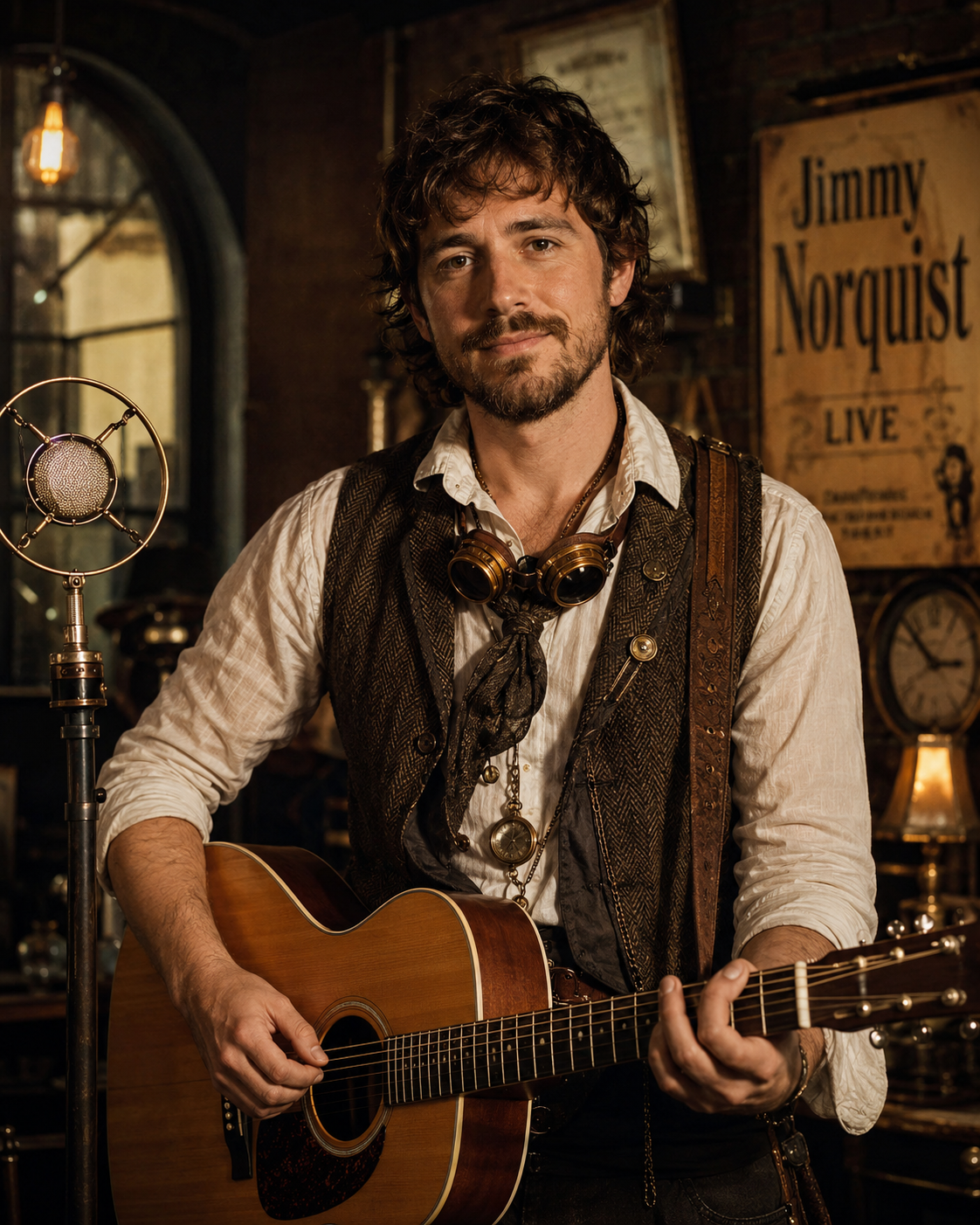 Jimmy Norquist holding an acoustic guitar beside a vintage microphone
