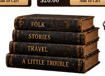 Stack of old books labeled Folk, Stories, Travel, A Little Trouble