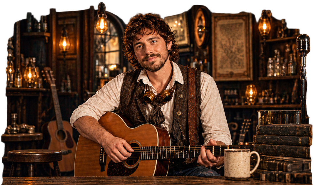 Jimmy Norquist seated with an acoustic guitar in a warm, old-world music room